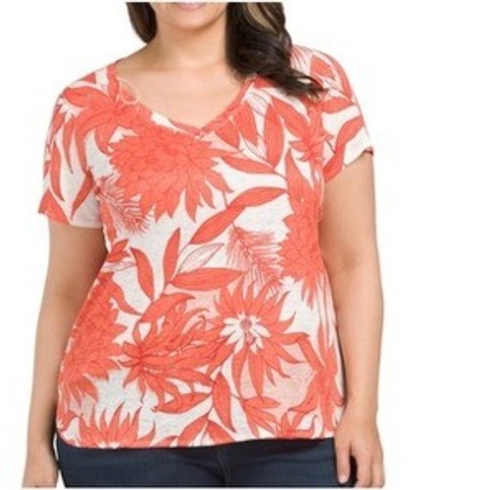 H Halston Orange Tropical Floral‎ 100% Linen V-Neck Shirt 1X Casual Resortwear